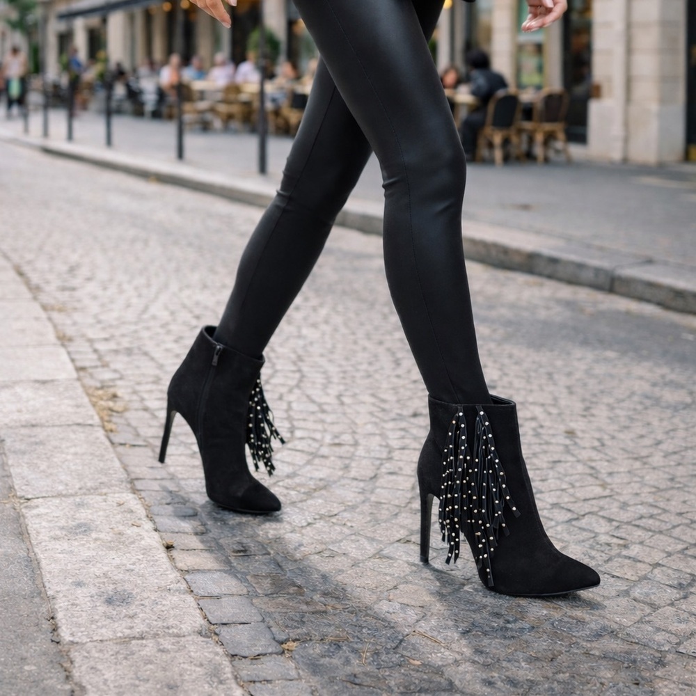 Saint Laurent Black Suede Leather Studded Fringe Trim High Heel Booties EU 39.5